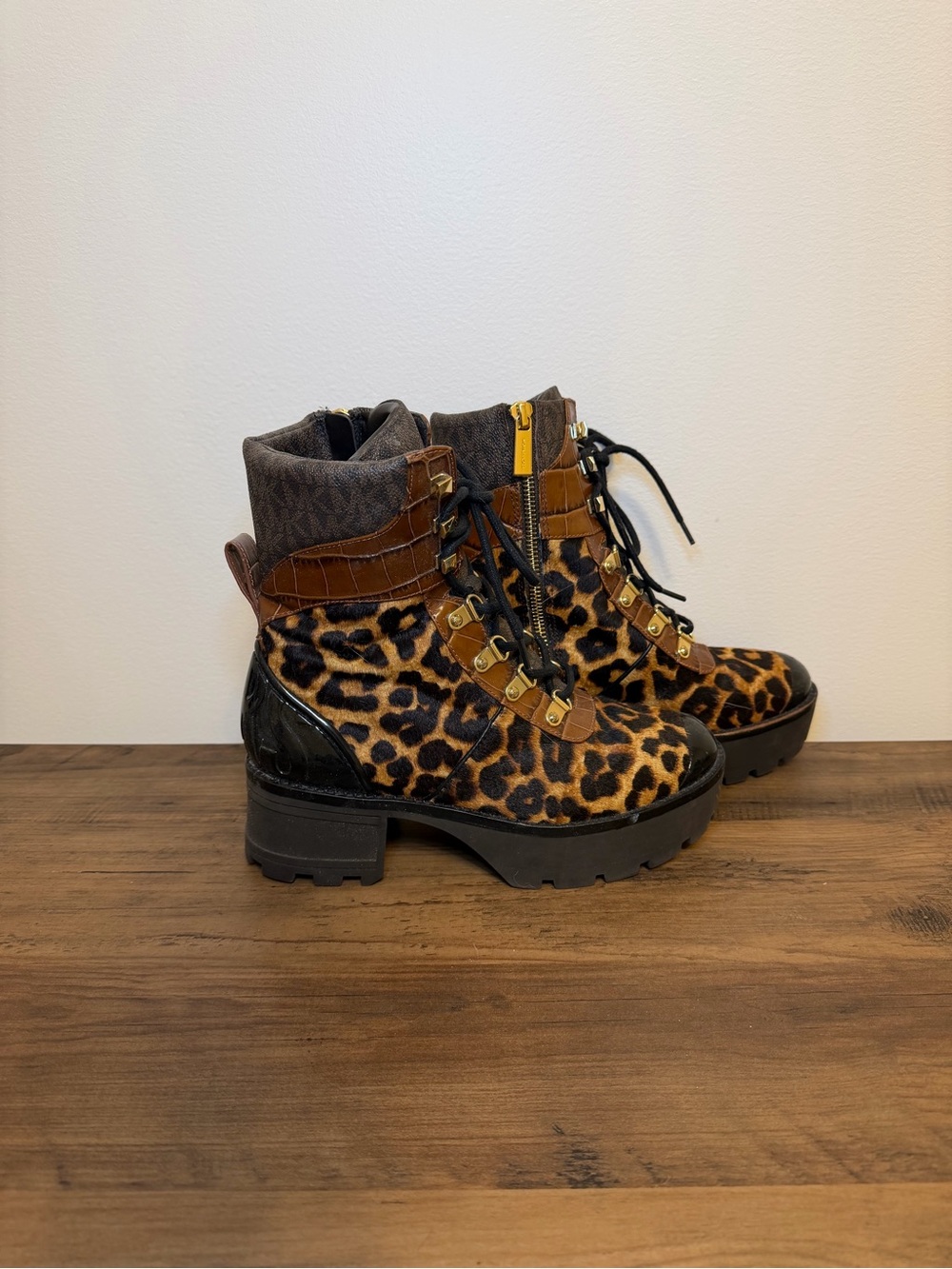 Michael Kors Leopard Print Lace-Up Combat Boots - Brown & Black